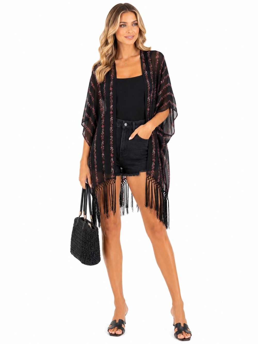 White House Black Market Floral Stripe Fringe Sheer Kimono Ruana One Size